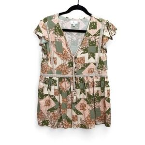 Boho Patchwork Lace Trim Tunic Top Large Earth Festival Folk Cottagecore Country